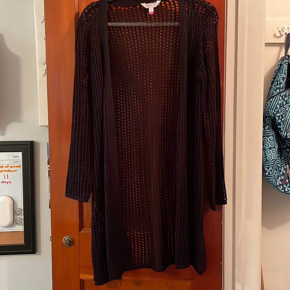 Black crochet cardigan, long, size small, no boundaries is the brand, never worn